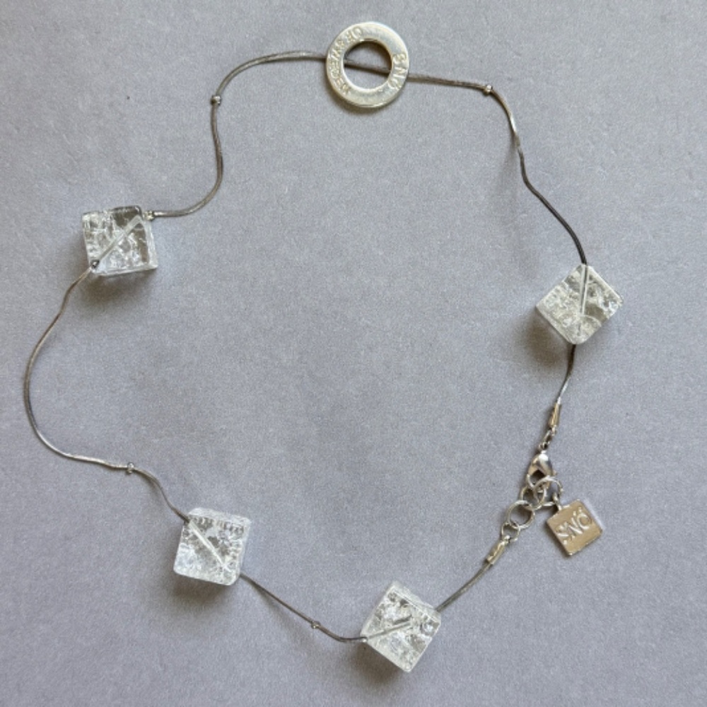 SNO of SWEDEN Necklace Crackle Clear Resin Cubes 18" Silver Disc Station Chain